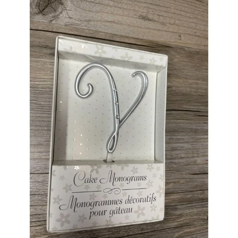 Wedding Small V Silver Finish Monogram Initial Rhinestones Cake Topper